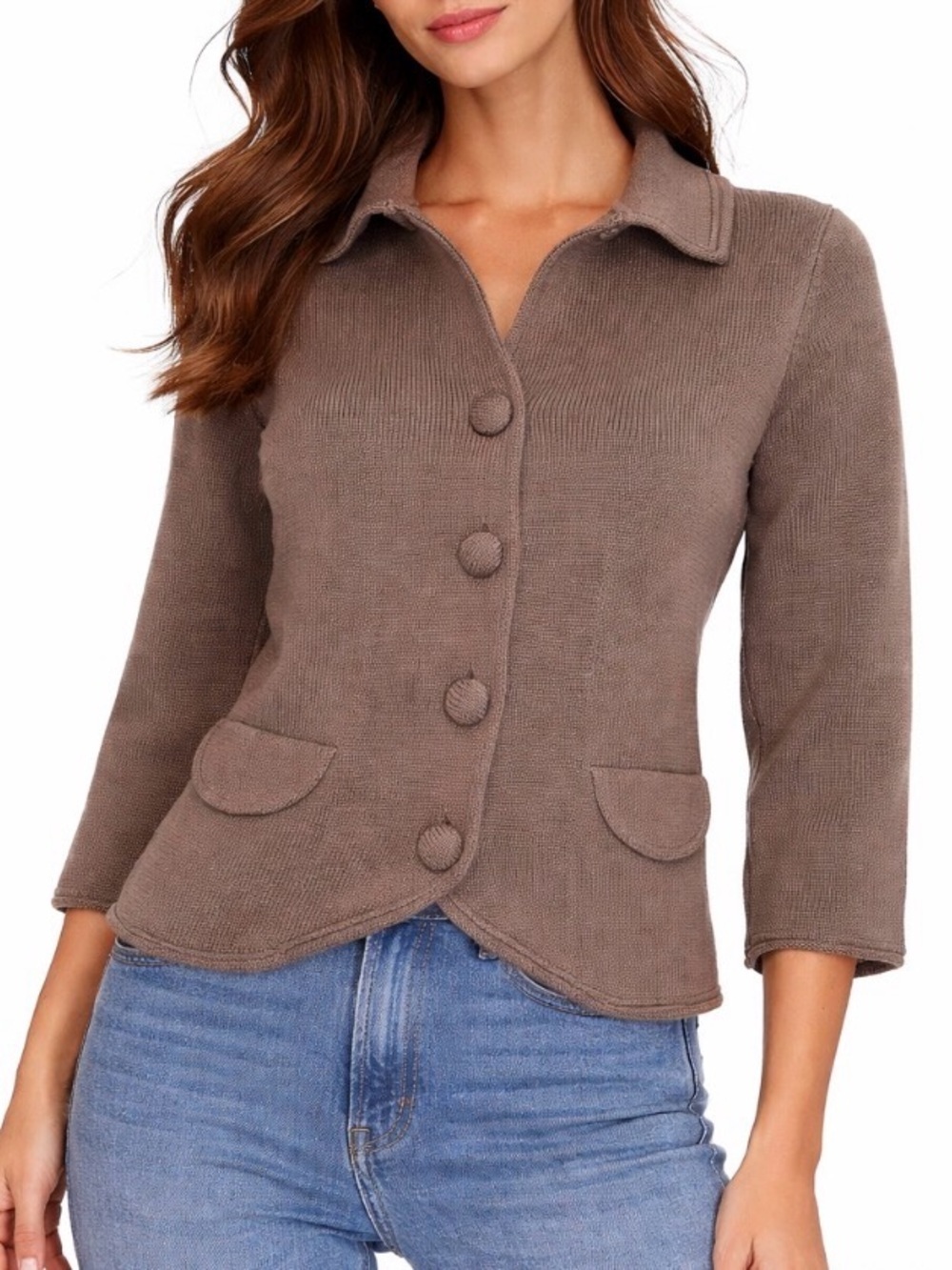 J. Jill sweater button up chocolate brown cardigan collared faux pocket knitted